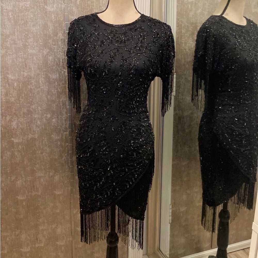 Elegant Black Beaded Fringe Dress, US2